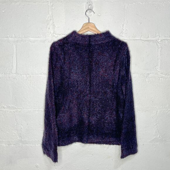 Ann Taylor Women's Navy Burgundy Mock Boucle Flare Sleeve Cozy Sweater Small - Picture 2 of 6